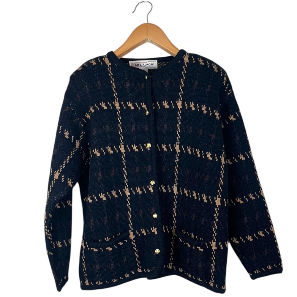 Vintage Crystal Kobe Black & Brown Grid Cardigan Women’s Size XL Preppy Fall